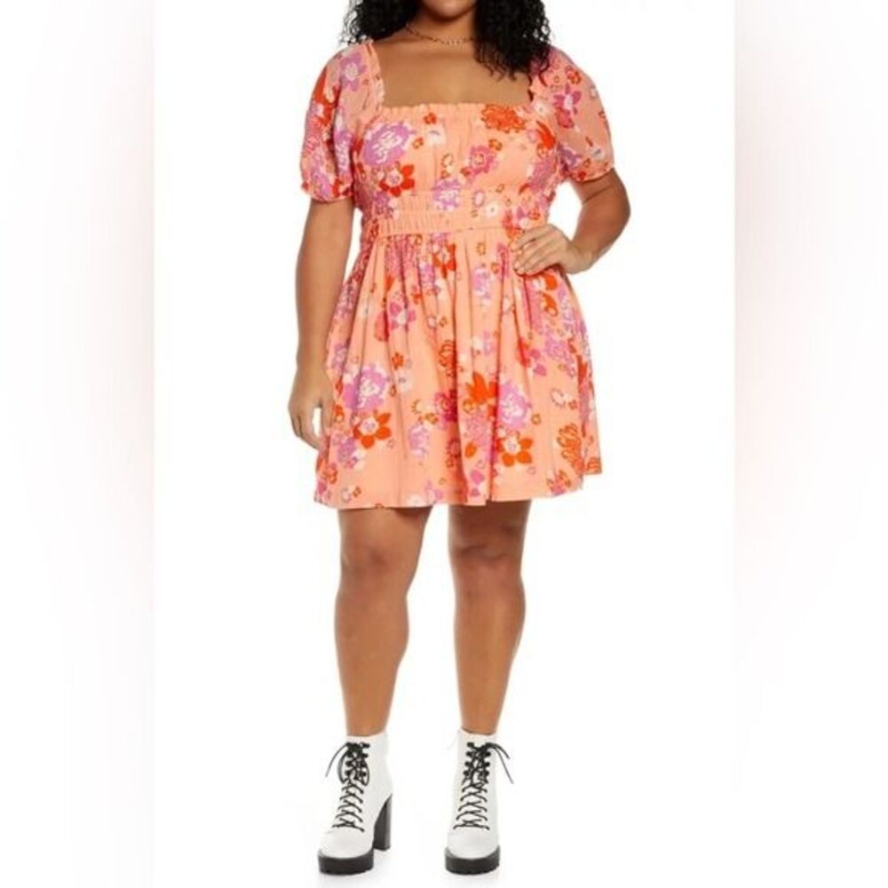BP SHIRRED PUFF SLEEVE COTTON PRAIRIE DRESS CORAL ALYSSA GROOVE FLORAL Large